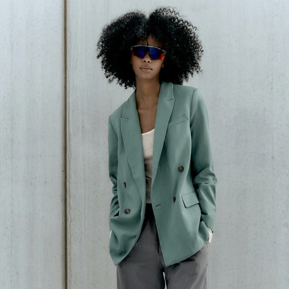 Zara Blazer Suit Jacket Double Breasted Oversized Sage Light Green Size Medium